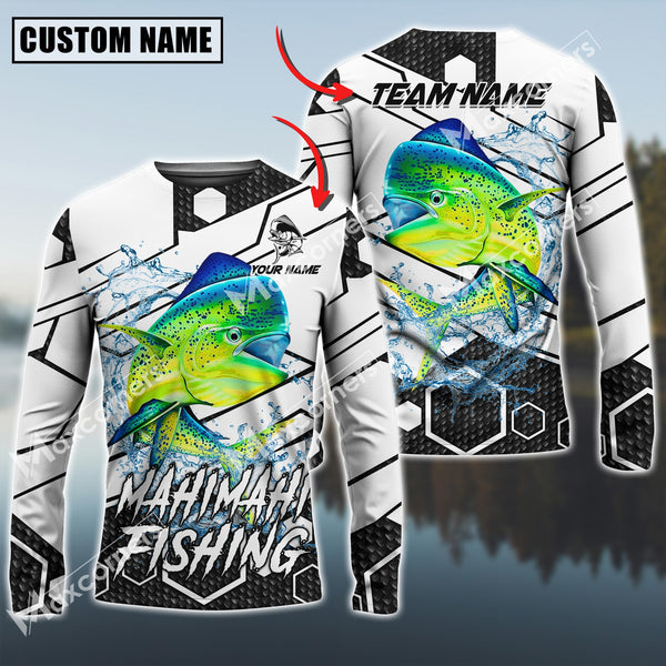 Maxcorners Mahi-Mahi Fishing White Gray Black Hexagon Pattern Sun Protection Personalized Name Team Name 3D Shirts