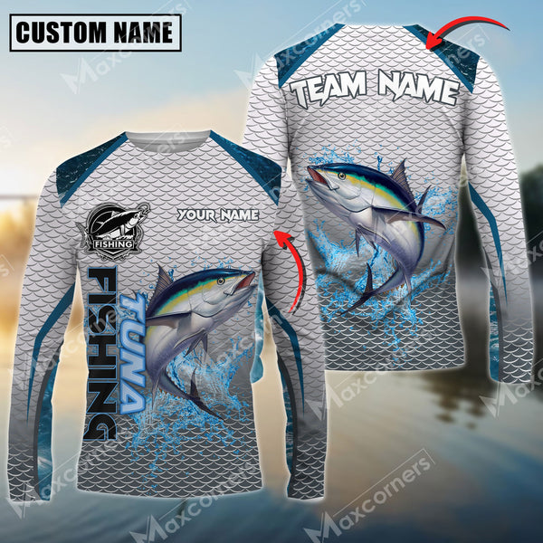 Maxcorners Tuna Fishing White Fin Water Sport Pattern Sun Protection Personalized Name Team Name 3D Shirts