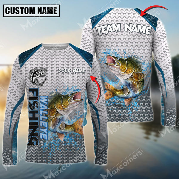 Maxcorners Walleye Fishing White Fin Water Sport Pattern Sun Protection Personalized Name Team Name 3D Shirts