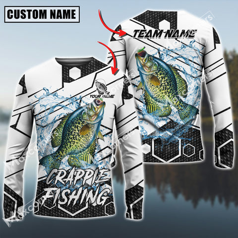 Maxcorners Crappie Fishing White Gray Black Hexagon Pattern Sun Protection Personalized Name Team Name 3D Shirts