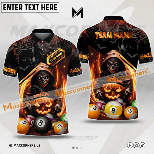 Maxcorners Billiards 8 Ball Skull Halloween Pattern Luxury Multicolor Options Personalized Name, Team Name 3D Polo Shirt (4 Colors)