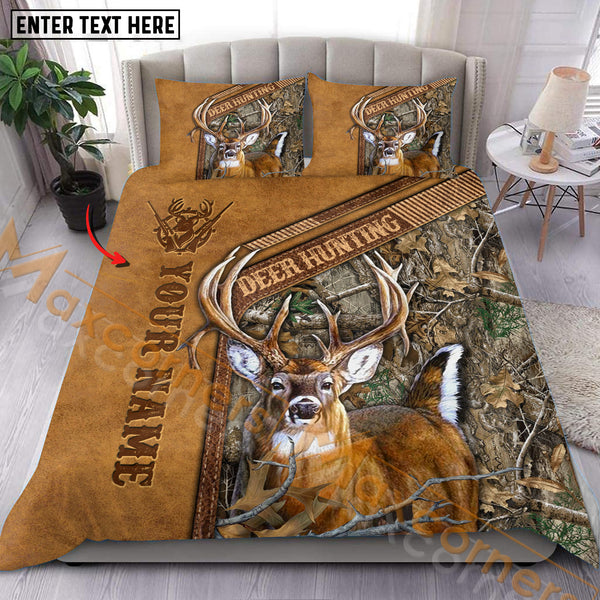 Maxcorners Custom Name Deer Hunting Leather Pattern Bedding Set 3D All Over Printed