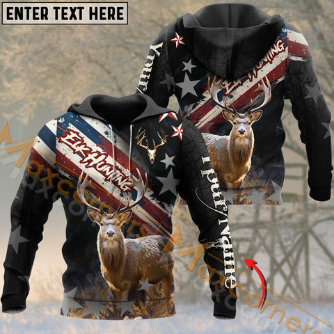 Maxcorners Wilderness Elk Hunting USA Flag  PatterCustom Name Shirt 3D All Over Printed Clothes