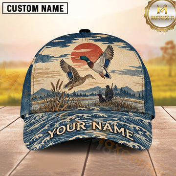 Maxcorners Hunting Flying Mallards Retro Blue Marsh Red Sun Personalized Name 3D Cap