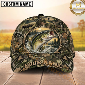 Maxcorners Hunting Largemouth Bass Realistic Woodland Camouflage Personalized Name 3D Cap