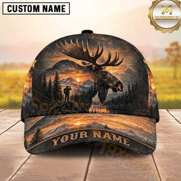 Maxcorners Hunting Bull Moose Fiery Woodland Sunset Personalized Name 3D Cap