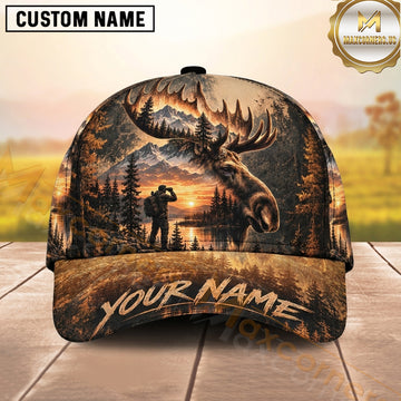 Maxcorners Hunting Bull Moose Hunter Silhouette Amber Sunset Personalized Name 3D Cap