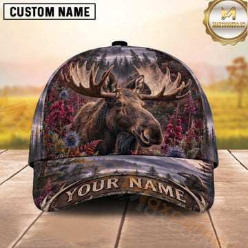 Maxcorners Hunting Bull Moose Burgundy Foliage Misty Forest Personalized Name 3D Cap