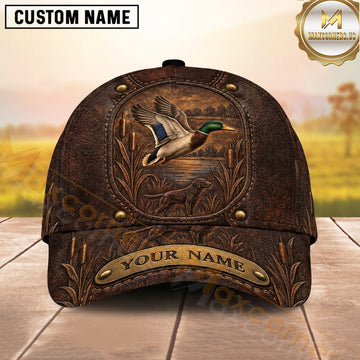 Maxcorners Hunting Mallard Duck Embossed Brown Leather Crest Personalized Name 3D Cap