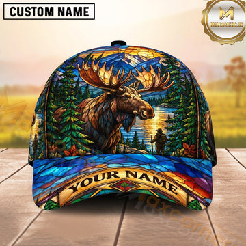 Maxcorners Hunting Bull Moose Jewel Tone Stained Glass Forest Personalized Name 3D Cap