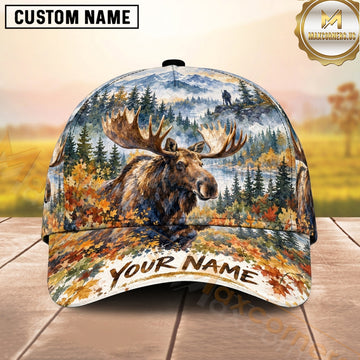 Maxcorners Hunting Bull Moose Watercolor Alpine Autumn Personalized Name 3D Cap