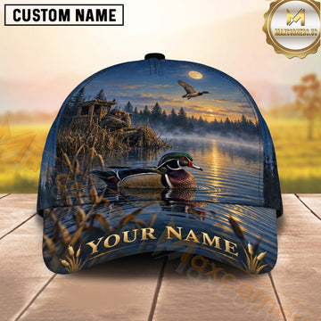 Maxcorners Hunting Wood Duck Midnight Blue Lake Reflection Personalized Name 3D Cap