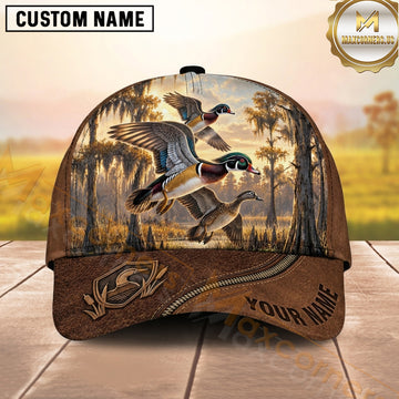 Maxcorners Hunting Flying Mallards Rustic Brown Woodland Scene Personalized Name 3D Cap