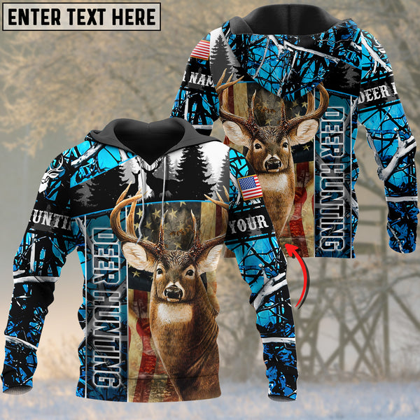 Maxcorners Deer Hunting Blue Camo USA Flag Pattern Custom Name Shirt 3D All Over Printed Clothes