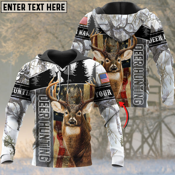 Maxcorners Deer Hunting White Camo USA Flag Pattern Custom Name Shirt 3D All Over Printed Clothes