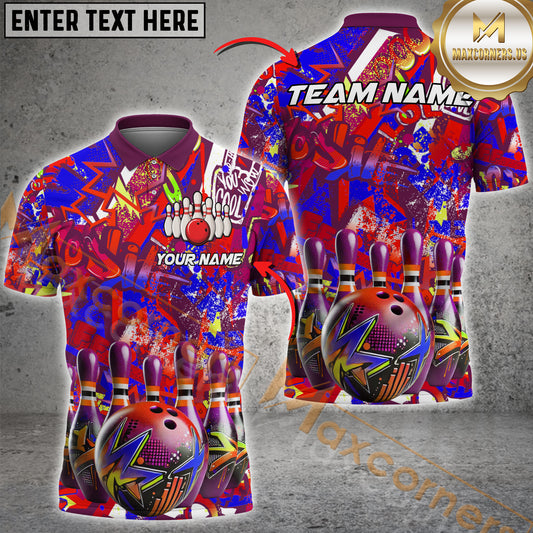 Maxcorner Bowling Ball & Pins Galaxy Graffiti Style Multicolor Option Customized Name 3D Shirt (4 Colors)