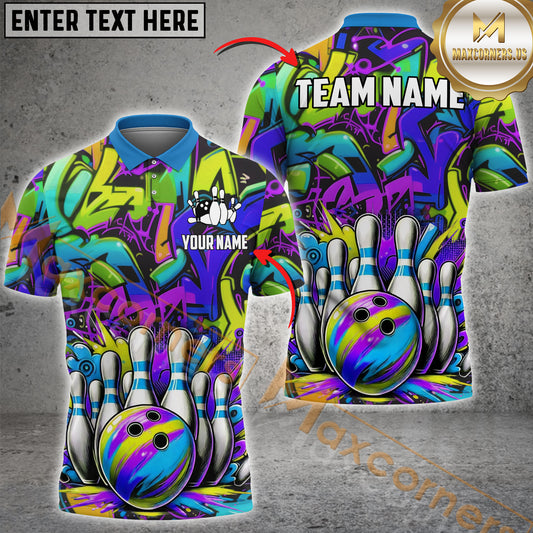 Maxcorner Bowling Ball & Pins Graffiti Street Style Multicolor Option Customized Name 3D Shirt (4 Colors)