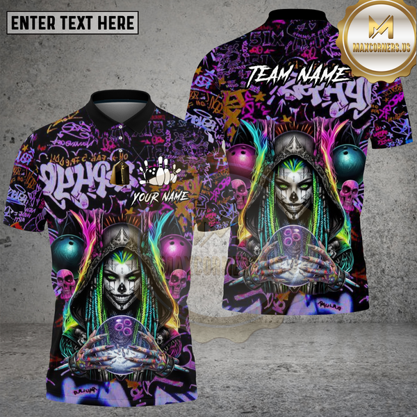 Maxcorners Bowling Shirt Bowling Reaper Neon Graffiti Skull Multi Options Personalized Name, Team Name 3D Shirt