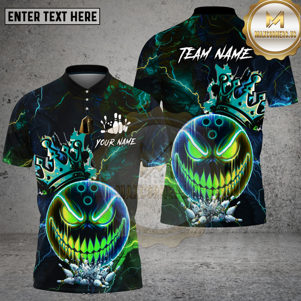Maxcorners Bowling Shirt Bowling Evil Face Neon Crown Lightning Multi Options Personalized Name, Team Name 3D Shirt
