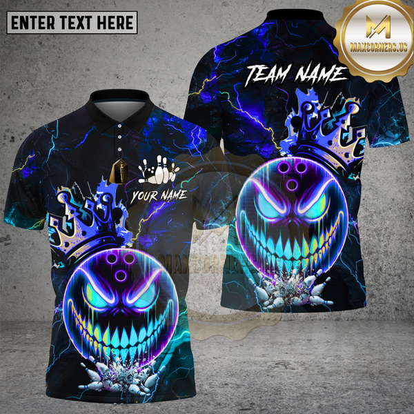 Maxcorners Bowling Shirt Bowling Evil Face Neon Crown Lightning Multi Options Personalized Name, Team Name 3D Shirt