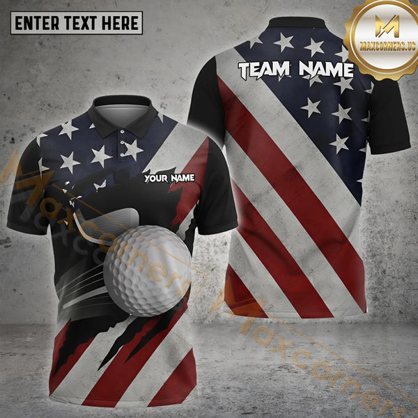 Maxcorners Golf Flag Of USA Pattern Customized Name, Team Name Shirts Style 7