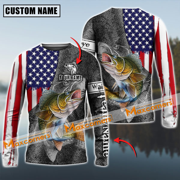 Maxcorner Walleye Fishing USA Skull Fish Pattern Personalized 3D Long Sleeve Shirt