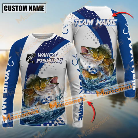 Maxcorner Walleye Fishing Blue Jersey Premium Line Pattern Personalized 3D Long Sleeve Shirt