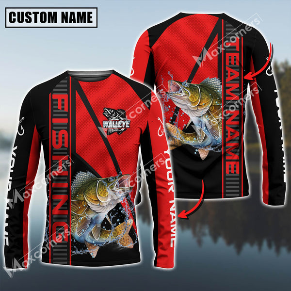 Maxcorners Walleye Fishing Black And Red Line Pro Sport Jersey Pattern Sun Protection Personalized Name Team Name 3D Shirts