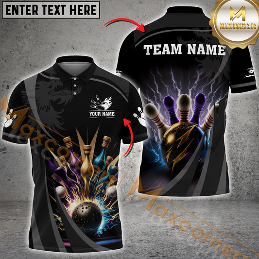 Maxcorners Bowling Ball And Pins Thunder Premium Multicolor Option Customized Name, Team Name 3D Shirt (6 colors)