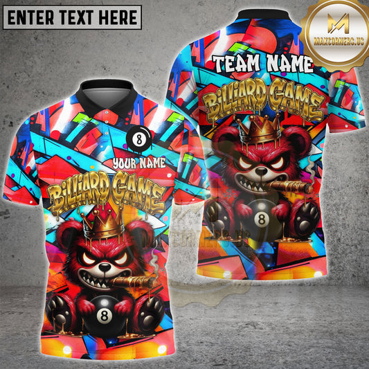 Maxcorners Billiards Shirt Neon Graffiti Angry Bear with 8 Ball Crown Street Art Design Multicolor Options Personalized Name, Team Name 3D Shirt (4 Colors)