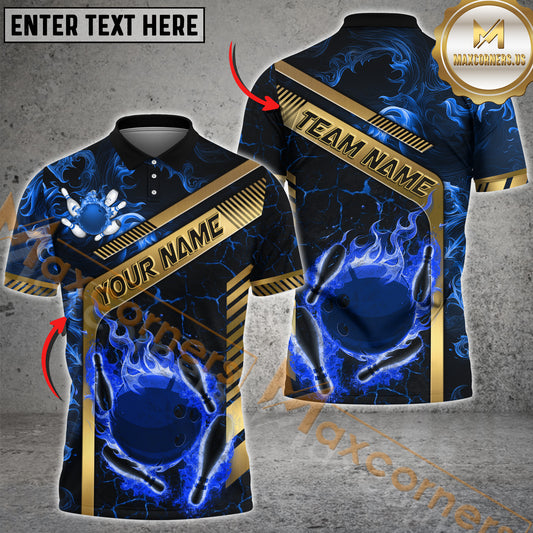 Maxcorners Bowling Ball and Pins Fire Golden Line Premium Pattern Multicolor Option Customized Name & Team Name 3D Shirt (4 colors)