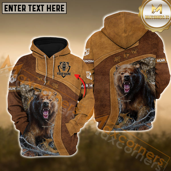 Maxcorners Bear Hunting Leather Pattern Custom Name Shirt 3D All Over Printed Clothes