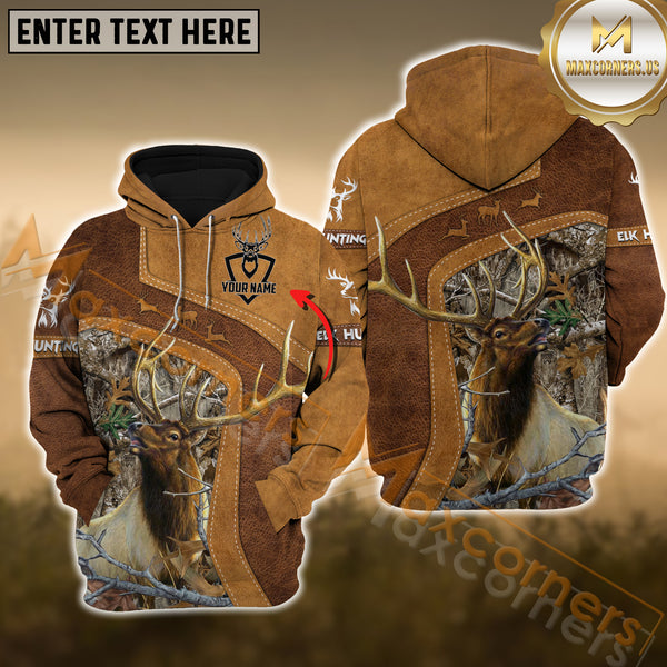 Maxcorners Elk Hunting Leather Pattern Custom Name Shirt 3D All Over Printed Clothes