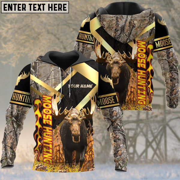 Maxcorners Moose Hunting Grass Brown Camouflage Fire Pattern Custom Name Shirt 3D All Over Printed Clothes