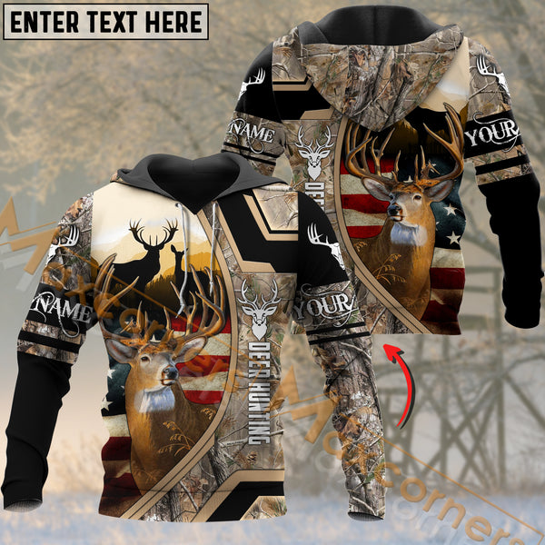 Maxcorners USA Flag Deer Hunting Grass Brown Camouflage Pattern Custom Name Shirt 3D All Over Printed Clothes