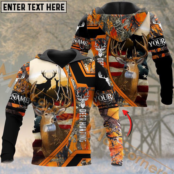 Maxcorners USA Flag Deer Hunting Orange Camouflage Pattern Custom Name Shirt 3D All Over Printed Clothes