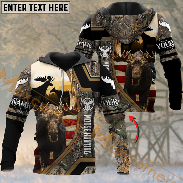 Maxcorners USA Flag Moose Hunting Brown Camouflage Pattern Custom Name Shirt 3D All Over Printed Clothes