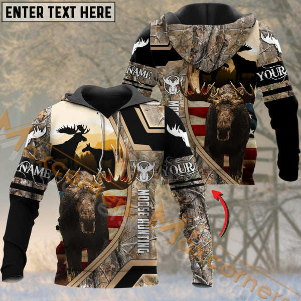 Maxcorners USA Flag Moose Hunting Grass Brown Camouflage Pattern Custom Name Shirt 3D All Over Printed Clothes