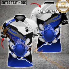 Maxcorners Bowling Ball & Pins Grey Rhombus Fire Bowling Ball Pattern Personalized Name, Team Name 3D Polo Shirt (4 Colors)