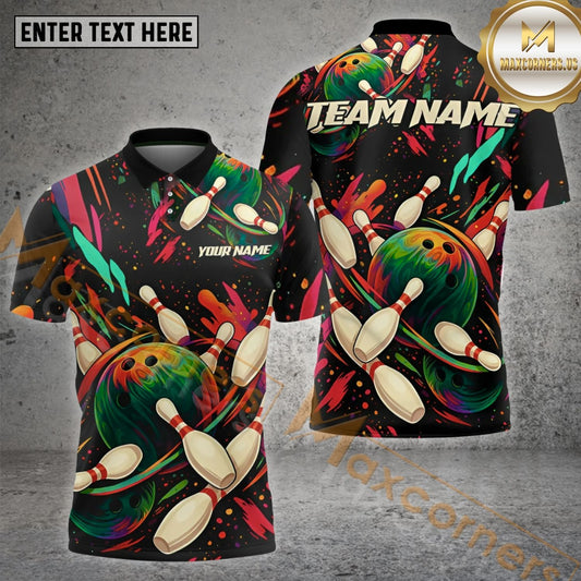 Maxcorners Color Splash Bowling With Rainbow Ball & Flying Pins Multicolor Options Personalized Name, Team Name 3D Shirt (4 Colors)