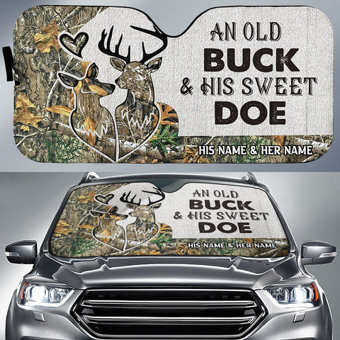 Maxcorners Buck and Doe Couple Hunting Grass Brown Camo Pattern Custom His Name & Her Name All Over Printed 3D Car Sun Shade