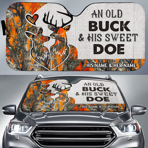 Maxcorners Buck and Doe Couple Hunting Orange Camo Pattern Custom His Name & Her Name All Over Printed 3D Car Sun Shade