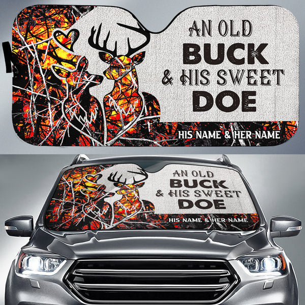 Maxcorners Buck and Doe Couple Hunting Red Camo Pattern Custom His Name & Her Name All Over Printed 3D Car Sun Shade