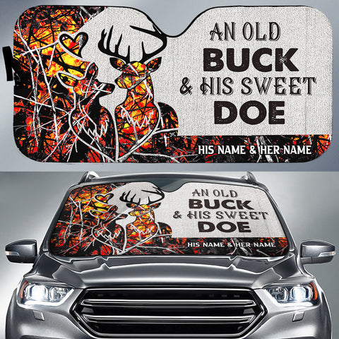 Maxcorners Buck and Doe Couple Hunting Red Camo Pattern Custom His Name & Her Name All Over Printed 3D Car Sun Shade