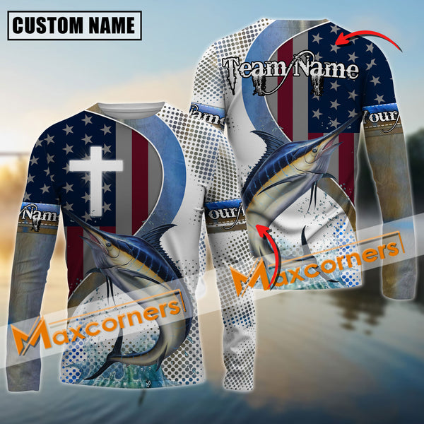 Maxcorners Marlin Fishing Cross America Flag Skin Fish Pattern Sun Protection Personalized Name And Team Name Long Sweat Shirt