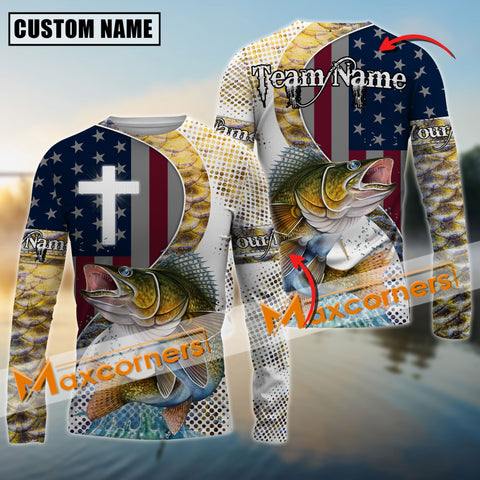 Maxcorners Walleye Fishing Cross America Flag Skin Fish Pattern Sun Protection Personalized Name And Team Name Long Sweat Shirt