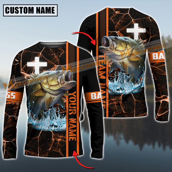 Maxcorners Bass Fishing Orange Cross Pattern Sun Protection Personalized Name And Team Name Long Sweat Shirt