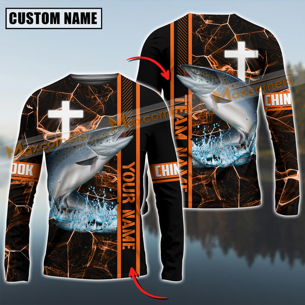 Maxcorners Chinook Fishing Orange Cross Pattern Sun Protection Personalized Name And Team Name Long Sweat Shirt