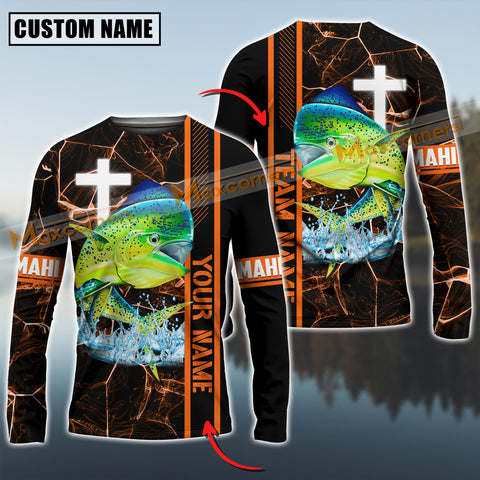 Maxcorners Mahi-Mahi Fishing Orange Cross Pattern Sun Protection Personalized Name And Team Name Long Sweat Shirt