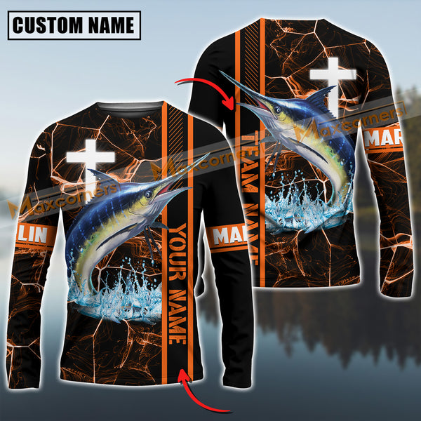 Maxcorners Marlin Fishing Orange Cross Pattern Sun Protection Personalized Name And Team Name Long Sweat Shirt